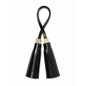 Tory Burch Black Patent Leather Double Tassel Bag Charm Gold Logo Hardware